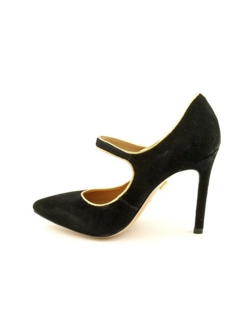 Pour La Victoire Case Black Kid Suede Gold Strap Piping Mary Jane Pointed Heel